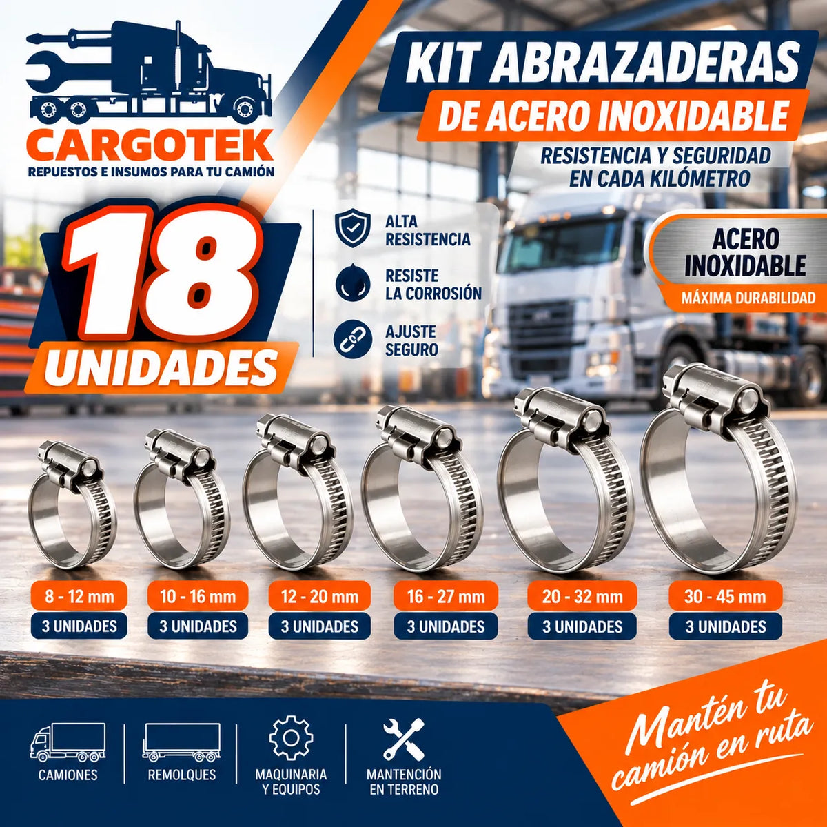 abrazaderas de cremallera inoxidables incluidas en kit de taller de camiones y remolques