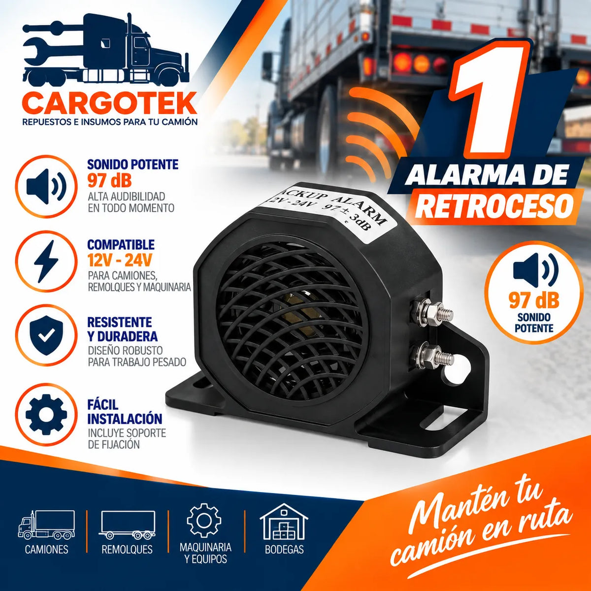 Alarma de retroceso 97 db 12/24v incluida en kit full mantención camión americano