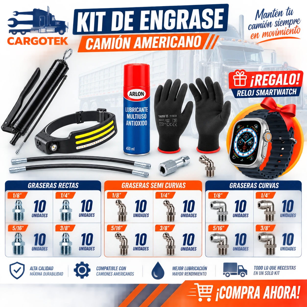 Kit Engrase Camión Americano+ Reloj Smartwatch de Regalo